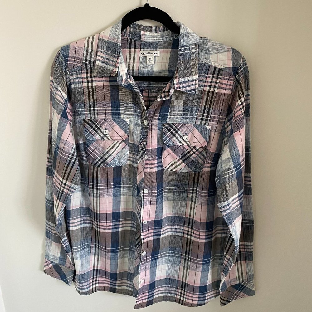 CROFT & BARROW WOMEN'S BUTTON UP PLAID SHIRT LONG SLEEVES POCKET COTTON  M